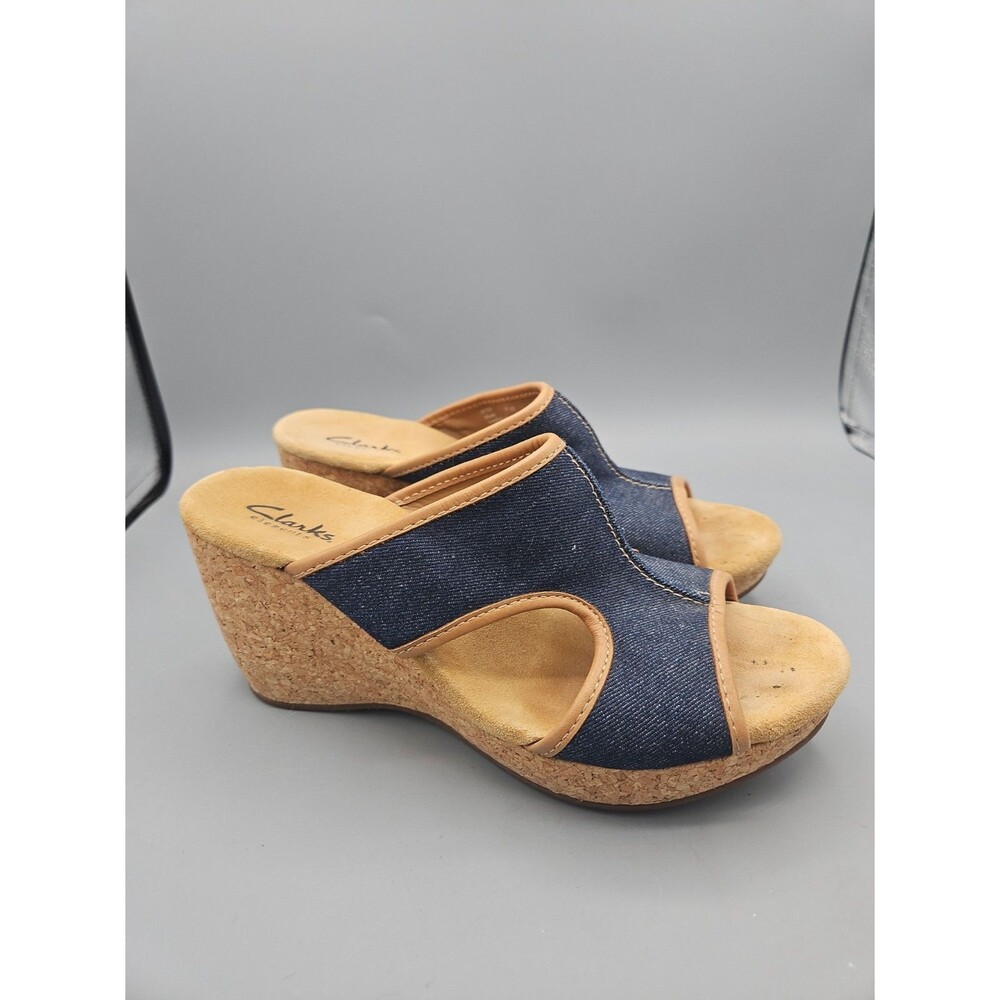 Clarks Wedge Sandals Denim Cork Soft Cushion size 8.5 M Clark's Elements